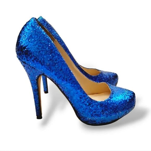 Michael Antonio Sapphire Blue Sparkle Glitter Platform Stilleto Heels Size 5.5 - Picture 1 of 12